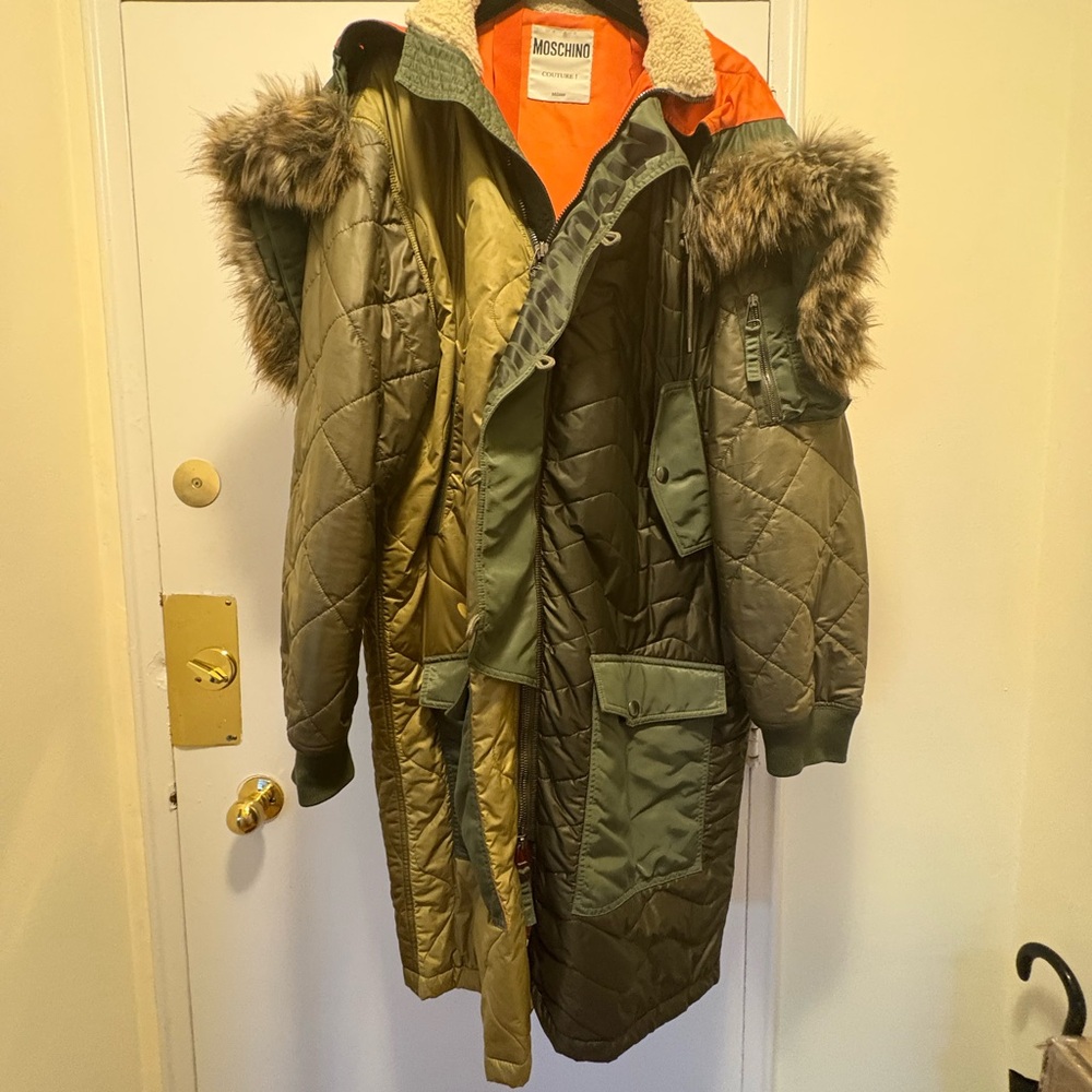 Moschino Green parka with fur trim